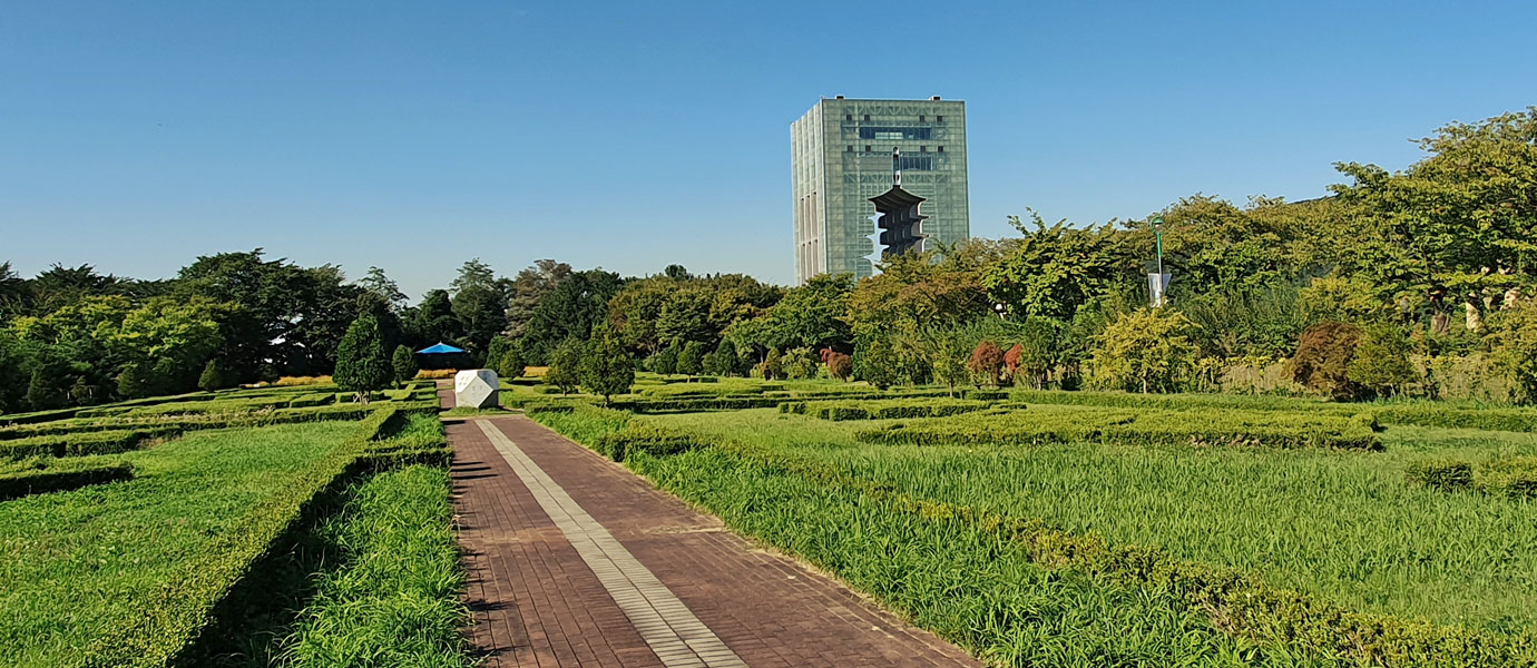 경주세계문화엑스포공원 산책길과 뒤로 보이는 경주타워