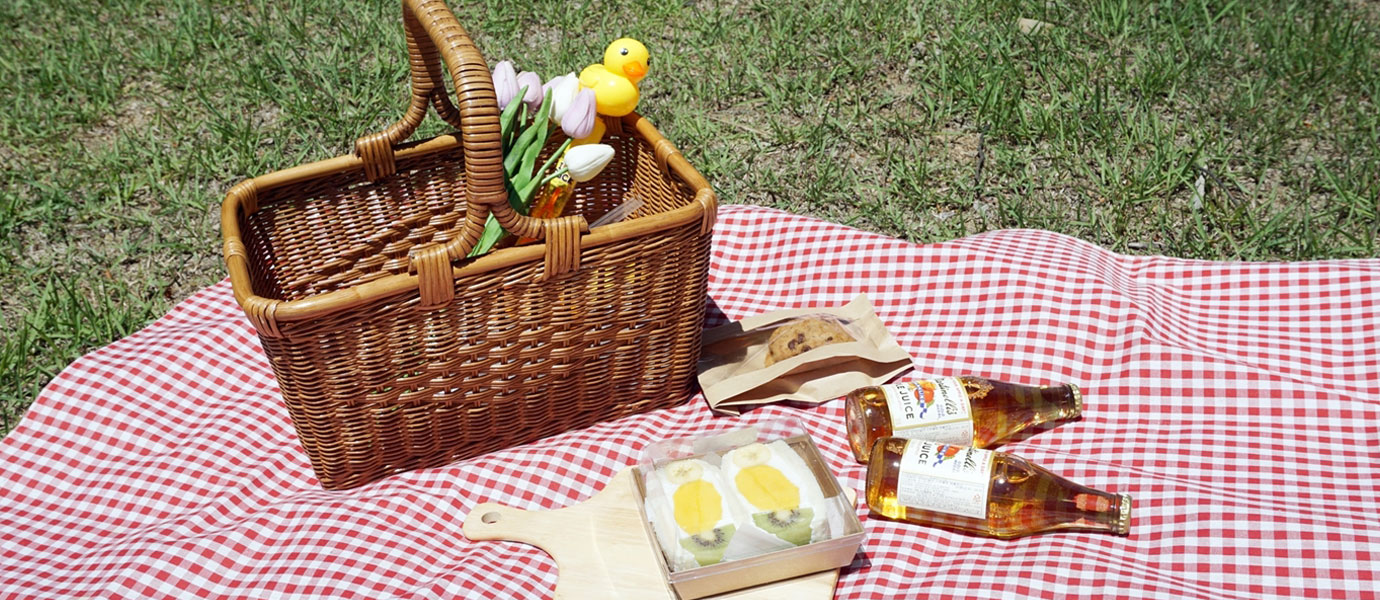 잔디밭에 피크닉 돗자리와 바구니가 놓여져 있는 사진