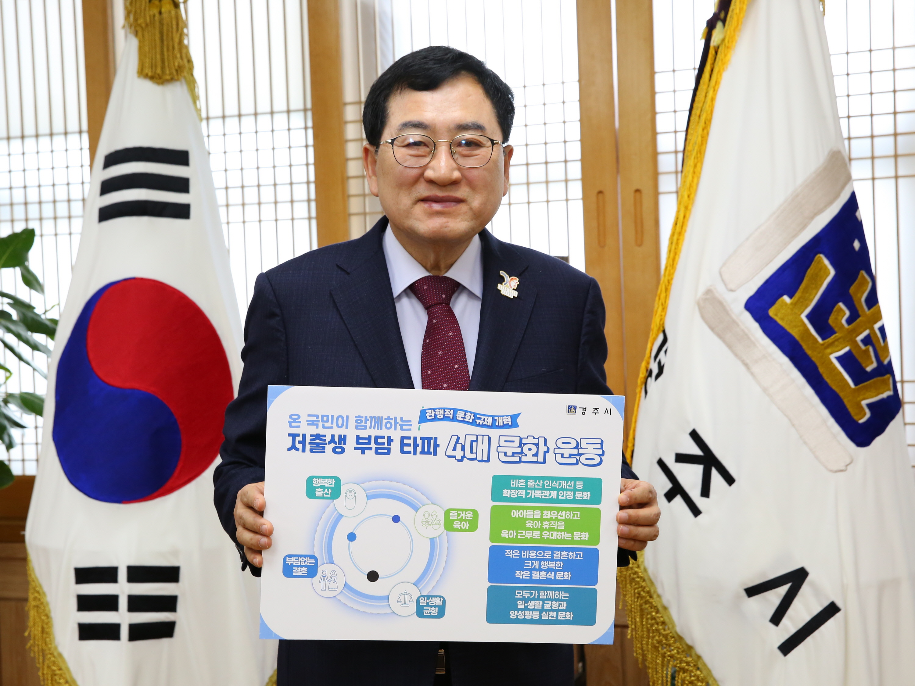 주낙영 경주시장이 ‘저출생 부담타파 4대 문화운동’ 캠페인에 동참하며 서명에 참여하고 있다