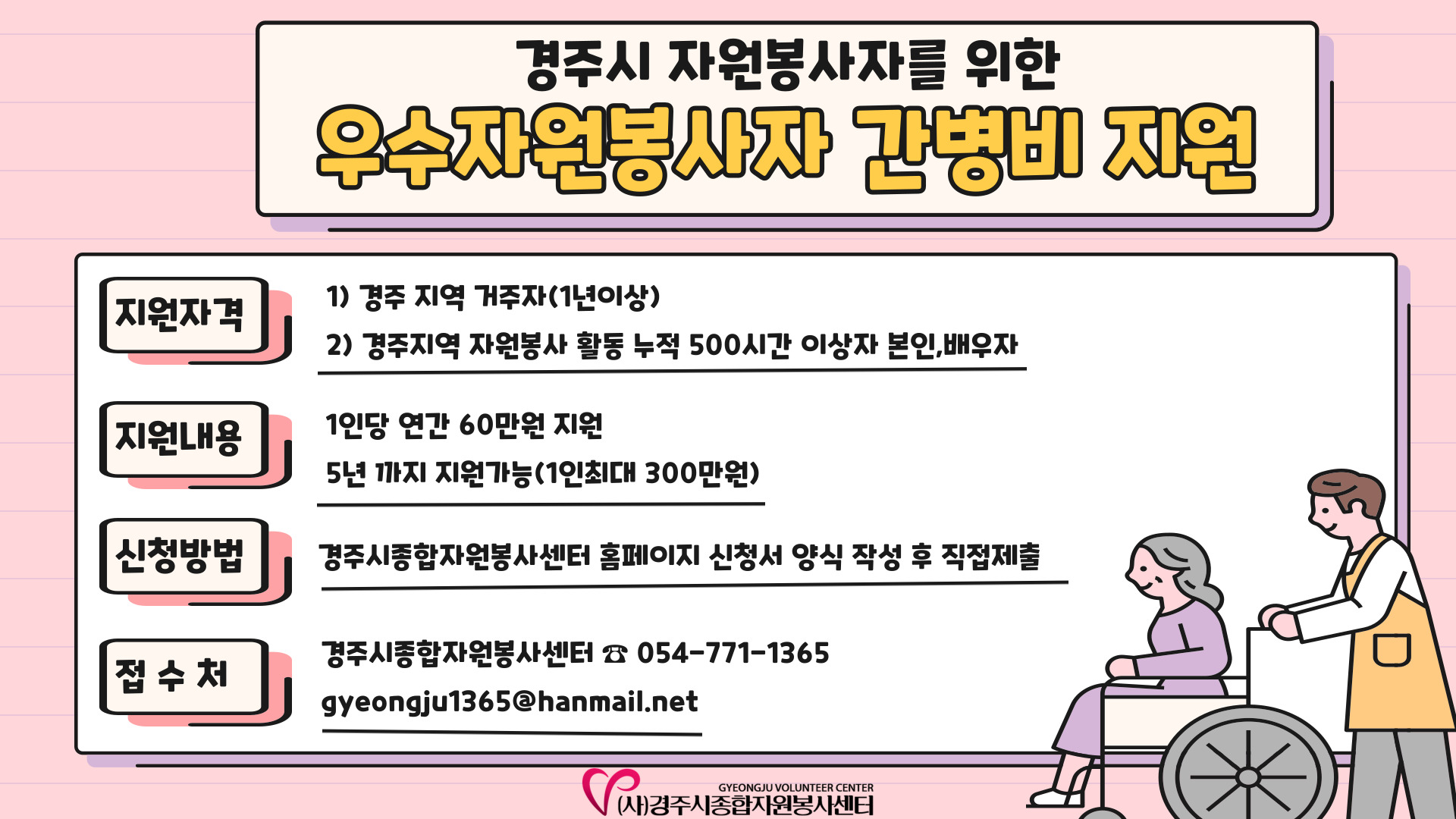우수 자원봉사자 간병비 지원 사업 홍보 배너