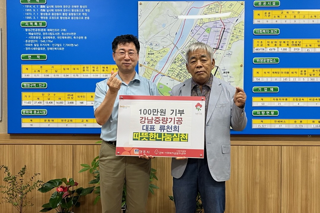 강남중량기공 류천희 대표가 황성동에 성금 100만원을 기탁했다.