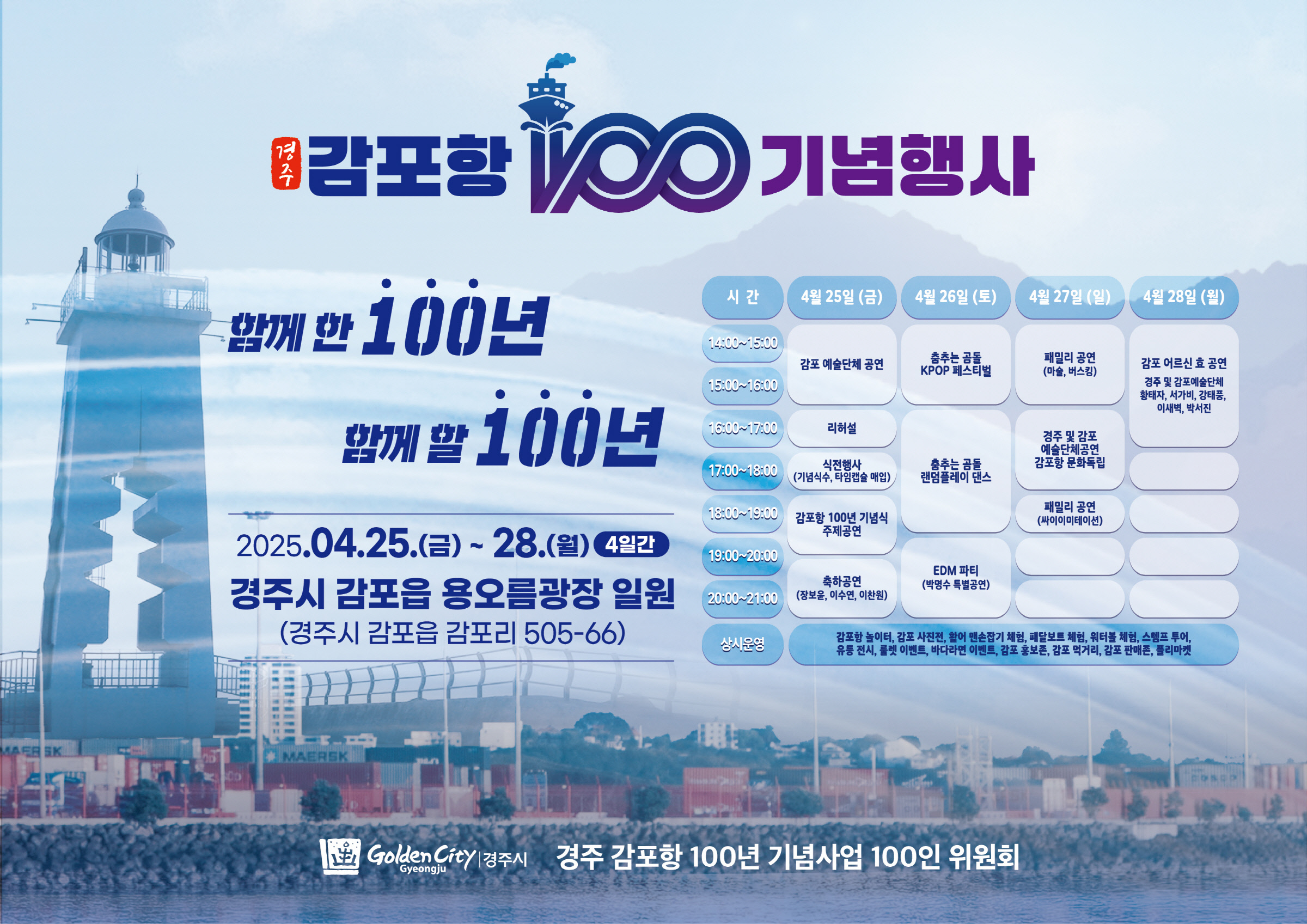 경주시가 감포항 지정 100주년을 맞아 25일부터 28일까지 감포읍 용오름광장 일원에서 열리는 ‘감포항 100년 기념행사’ 공식 포스터. 이번 행사는 ‘함께한 100년, 함께할 100년’을 주제로 1일 1주제 형식으로 구성되며, 기념식, 축하공연, 청년 페스티벌, 문화 공연, 효 콘서트 등 다채로운 프로그램이 마련된다.