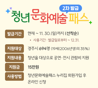 청년문화예술패스 2차 발급 발급기간 현재 ~ 11. 30.(일)까지 (선착순) 사용기간 : 발급일로부터 ~ 12.31. 지원대상 경주시 694명 (19세(2006년생)의 35%) 지원내용 청년을 대상으로 공연·전시 관람비 지원 지원금 15만원 사용방법 청년문화예술패스 누리집 회원가입 후 온라인 신청
