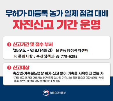 무허가·미등록 농가 일제 점검 대비 자진신고 기간 운영  ! 신고기간 및 접수부서 ‘25.9.5. ~ 9.18.(14일간), 읍면동행정복지센터 ※ 문의사항 : 축산정책과 779-6295  ! 신고대상 축산법·가축분뇨법상 허가·신고 없이 가축을 사육하고 있는 자 * 자진 신고한 자에 대해서는 허가·등록 절차 및 가축 처분 등에 필요한 기간(6개월) 부여, 이후 개선되지 않을 경우 행정처분 조치 계획