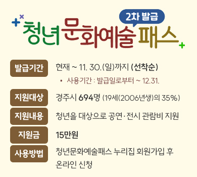 청년문화예술패스 2차 발급 발급기간 현재 ~ 11. 30.(일)까지 (선착순) 사용기간 : 발급일로부터 ~ 12.31. 지원대상 경주시 694명 (19세(2006년생)의 35%) 지원내용 청년을 대상으로 공연·전시 관람비 지원 지원금 15만원 사용방법 청년문화예술패스 누리집 회원가입 후 온라인 신청