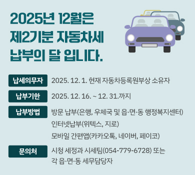 2025년 12월은
제2기분 자동차세
납부의 달 입니다.
납세의무자
2025. 12. 1. 현재 자동차등록원부상 소유자
납부기한
2025. 12. 16. ~ 12. 31.까지
납부방법
방문 납부(은행, 우체국 및 읍·면·동 행정복지센터)
인터넷납부(위텍스, 지로)
모바일 간편앱(카카오톡, 네이버, 페이코)
문의처
시청 세정과 시세팀(054-779-6728) 또는
각 읍·면·동 세무담당자